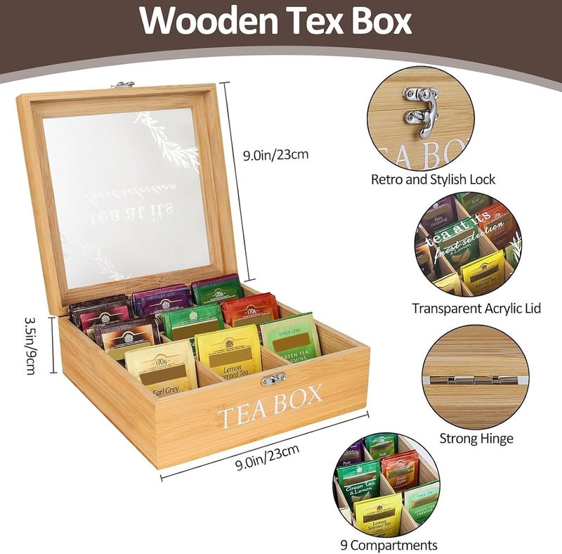 KASTWAVE Wooden Tea Box Organizer with Lid – 9 Compartments Tea Bag Storage Chest for Kitchen Countertop, Pantry, Cabinets – Multi-Compartment Tea Chest for Loose Leaf and Tea Bags - Image 4