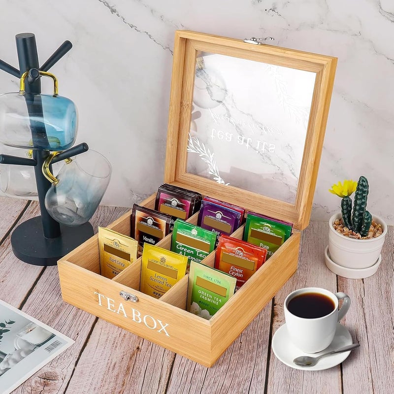 KASTWAVE Wooden Tea Box Organizer with Lid – 9 Compartments Tea Bag Storage Chest for Kitchen Countertop, Pantry, Cabinets – Multi-Compartment Tea Chest for Loose Leaf and Tea Bags - Image 2