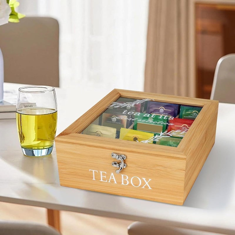 KASTWAVE Wooden Tea Box Organizer with Lid – 9 Compartments Tea Bag Storage Chest for Kitchen Countertop, Pantry, Cabinets – Multi-Compartment Tea Chest for Loose Leaf and Tea Bags - Image 3