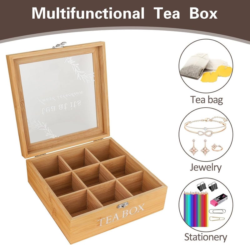 KASTWAVE Wooden Tea Box Organizer with Lid – 9 Compartments Tea Bag Storage Chest for Kitchen Countertop, Pantry, Cabinets – Multi-Compartment Tea Chest for Loose Leaf and Tea Bags - Image 5