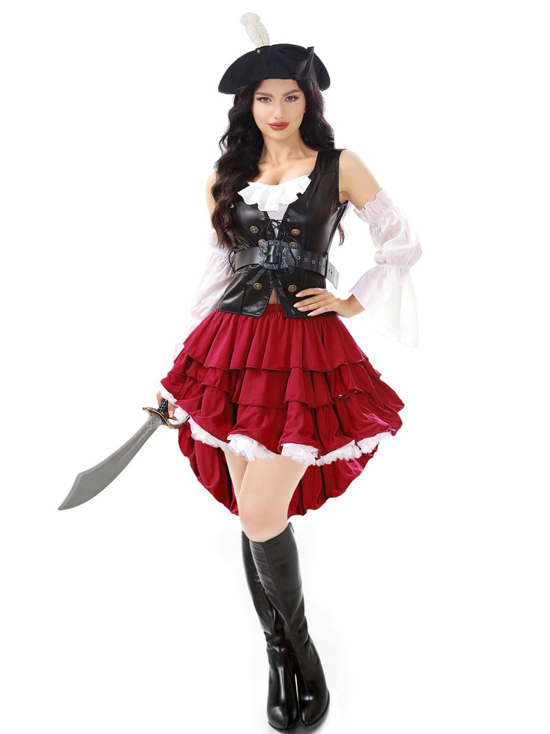 Funna Pirate Costume Women Adult Outfit 5 Piece with Hat Pirate Skirt Belt Black, Small - Image 1