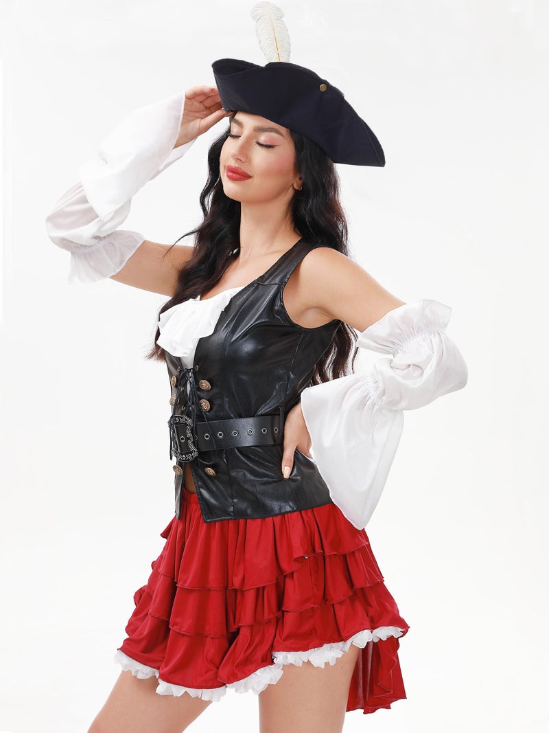 Funna Pirate Costume Women Adult Outfit 5 Piece with Hat Pirate Skirt Belt Black, Small - Image 4