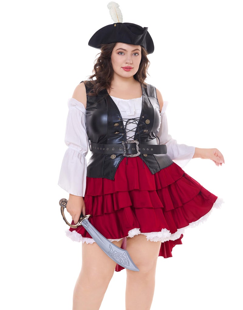 Funna Pirate Costume Women Adult Outfit 5 Piece with Hat Pirate Skirt Belt Black, Small - Image 2