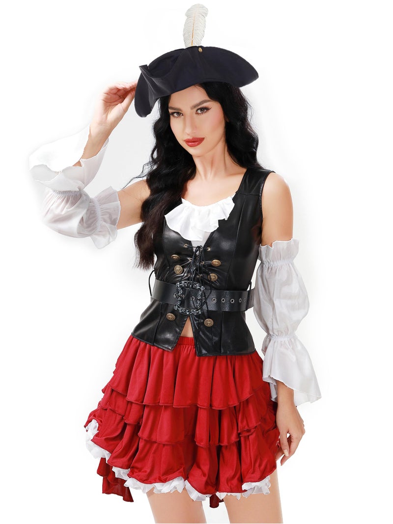 Funna Pirate Costume Women Adult Outfit 5 Piece with Hat Pirate Skirt Belt Black, Small - Image 3