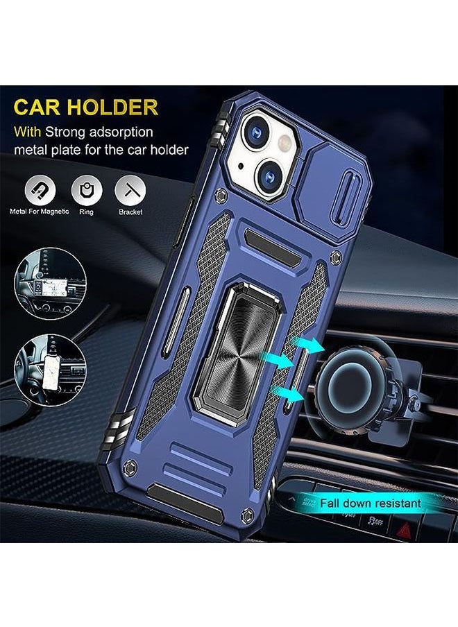 iPhone 15 Plus Case, Slide Camera Cover, Built-in 360° Rotate Ring Kickstand, Military Grade Shockproof Test, Heavy Duty Shockproof Protective Case for iPhone 15 Plus 6.7 Inch (Blue)