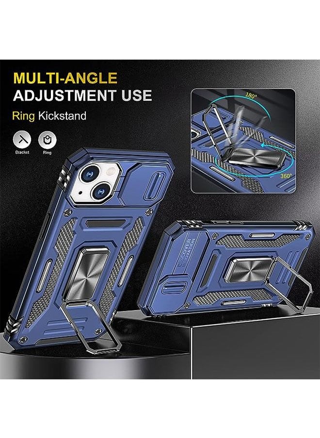 iPhone 15 Plus Case, Slide Camera Cover, Built-in 360° Rotate Ring Kickstand, Military Grade Shockproof Test, Heavy Duty Shockproof Protective Case for iPhone 15 Plus 6.7 Inch (Blue)