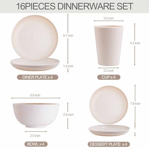 Rubtlamp Wheat Straw Dinnerware Sets, 16PCS Plastic Dinnerware Set for 4, Wheat Straw Plates and Bowls Sets, Unbreakable Dinnerware Plastic Microwave Safe Dishes Set for Kitchen&Camping - Image 2