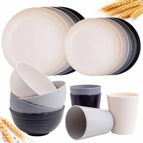 Rubtlamp Wheat Straw Dinnerware Sets, 16PCS Plastic Dinnerware Set for 4, Wheat Straw Plates and Bowls Sets, Unbreakable Dinnerware Plastic Microwave Safe Dishes Set for Kitchen&Camping - Image 1