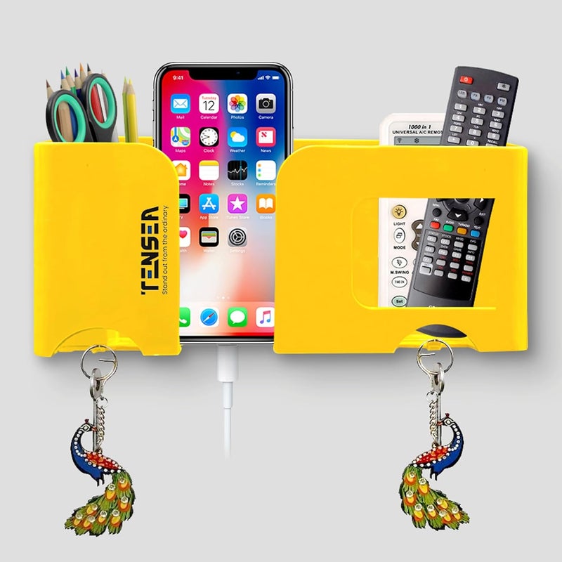 Tensea ® 5 in 1 Plastic Wall Mount Mobile Holder With Remote Control Storage Racks, Key Hanger, Pen Holder Space/Self-Adhesive/Multi Purpose Accessories (Yellow) - Image 1