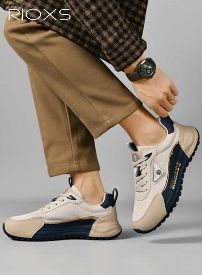 RIOXS Men's Sneakers, Comfy Breathable Soft-Soled Athlesiure Shoes,  Lightweight Anti-slip Running Shoes, Classic Lace-Up Athletic Basketball Shoes, Trendy Walking Shoes Fashionable Casual Trainers for Daily Wear, Jogging, Walking, Running, Gym Workout, Beige and Blue - Image 3