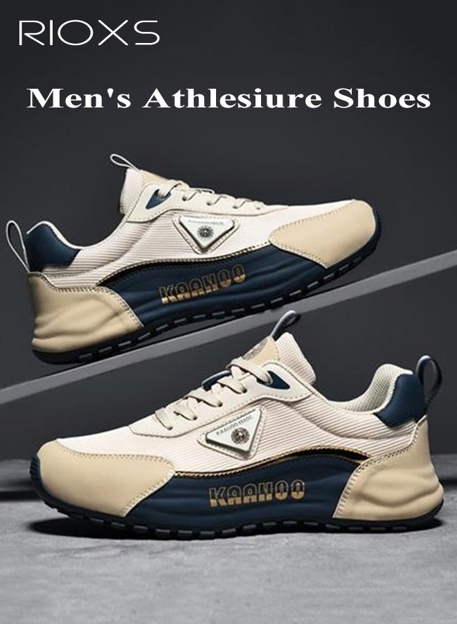 RIOXS Men's Sneakers, Comfy Breathable Soft-Soled Athlesiure Shoes,  Lightweight Anti-slip Running Shoes, Classic Lace-Up Athletic Basketball Shoes, Trendy Walking Shoes Fashionable Casual Trainers for Daily Wear, Jogging, Walking, Running, Gym Workout, Beige and Blue - Image 2
