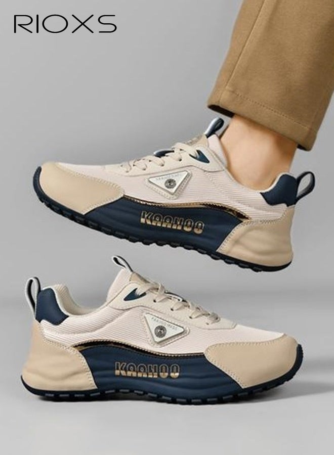 RIOXS Men's Sneakers, Comfy Breathable Soft-Soled Athlesiure Shoes,  Lightweight Anti-slip Running Shoes, Classic Lace-Up Athletic Basketball Shoes, Trendy Walking Shoes Fashionable Casual Trainers for Daily Wear, Jogging, Walking, Running, Gym Workout, Beige and Blue - Image 1