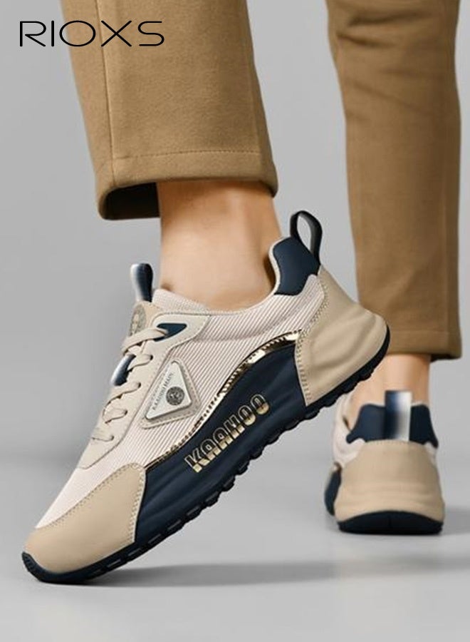 RIOXS Men's Sneakers, Comfy Breathable Soft-Soled Athlesiure Shoes,  Lightweight Anti-slip Running Shoes, Classic Lace-Up Athletic Basketball Shoes, Trendy Walking Shoes Fashionable Casual Trainers for Daily Wear, Jogging, Walking, Running, Gym Workout, Beige and Blue - Image 4