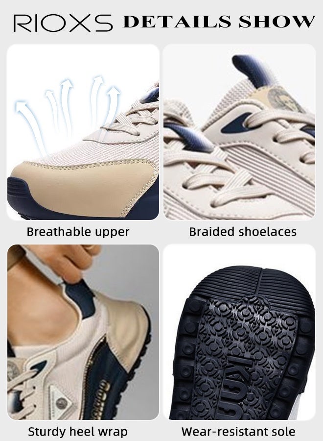 RIOXS Men's Sneakers, Comfy Breathable Soft-Soled Athlesiure Shoes,  Lightweight Anti-slip Running Shoes, Classic Lace-Up Athletic Basketball Shoes, Trendy Walking Shoes Fashionable Casual Trainers for Daily Wear, Jogging, Walking, Running, Gym Workout, Beige and Blue - Image 5