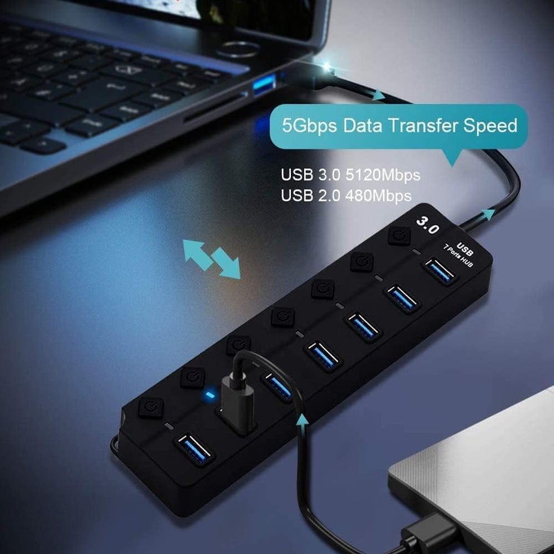 SWIUKPHE Easy transit optimized build Powered USB Hub 3.0, 7 Ports USB Charging Extender Data Hub Splitter Extension, with Individual Switches and Lights for Laptop, PC, Computer, USB Devices Super Compatible, 5Gbps Data Transfer Speed High precision lightweight material - Image 4
