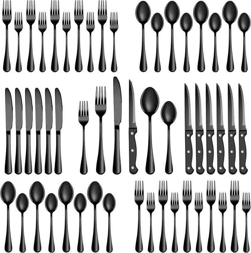 MUTNITT 72 Pcs Black Silverware Set with Steak Knives Stainless Steel Flatware Cutlery Set Service for 12 Kitchen Tableware Set Utensil Set for Home and Restaurant Knives Forks Spoon Set Dishwasher Safe - Image 1