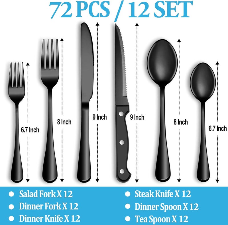 MUTNITT 72 Pcs Black Silverware Set with Steak Knives Stainless Steel Flatware Cutlery Set Service for 12 Kitchen Tableware Set Utensil Set for Home and Restaurant Knives Forks Spoon Set Dishwasher Safe - Image 2