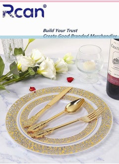 Rcan 175 Pcs/set Gold Upscale Wedding Dining Party Disposable Plastic Hollow-carved Cutlery Set, Party Supplies Plate, Spoon, Fork, Knife, Cup, Tissue, Party Tableware (25 Guest)  - Image 5