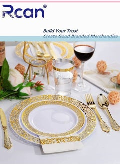 Rcan 175 Pcs/set Gold Upscale Wedding Dining Party Disposable Plastic Hollow-carved Cutlery Set, Party Supplies Plate, Spoon, Fork, Knife, Cup, Tissue, Party Tableware (25 Guest)  - Image 2