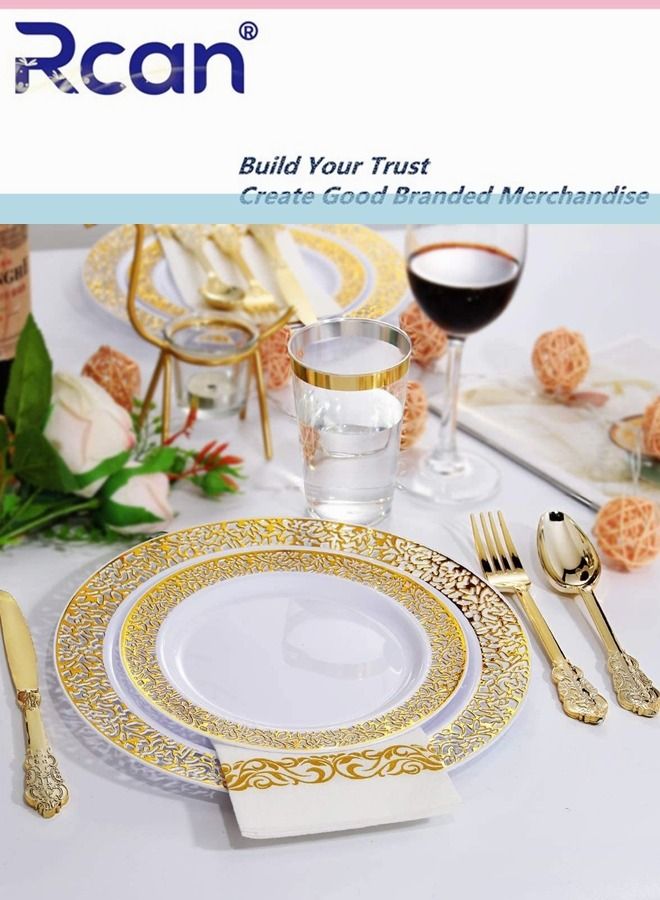 Rcan 175 Pcs/set Gold Upscale Wedding Dining Party Disposable Plastic Hollow-carved Cutlery Set, Party Supplies Plate, Spoon, Fork, Knife, Cup, Tissue, Party Tableware (25 Guest) - Image 2