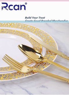 Rcan 175 Pcs/set Gold Upscale Wedding Dining Party Disposable Plastic Hollow-carved Cutlery Set, Party Supplies Plate, Spoon, Fork, Knife, Cup, Tissue, Party Tableware (25 Guest)  - Image 3