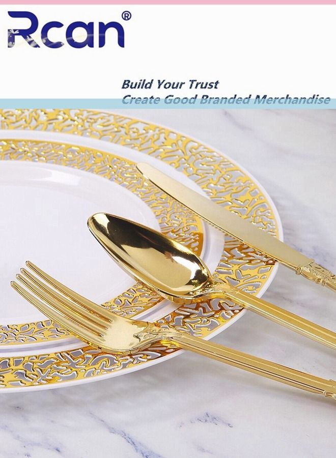 Rcan 175 Pcs/set Gold Upscale Wedding Dining Party Disposable Plastic Hollow-carved Cutlery Set, Party Supplies Plate, Spoon, Fork, Knife, Cup, Tissue, Party Tableware (25 Guest) - Image 3