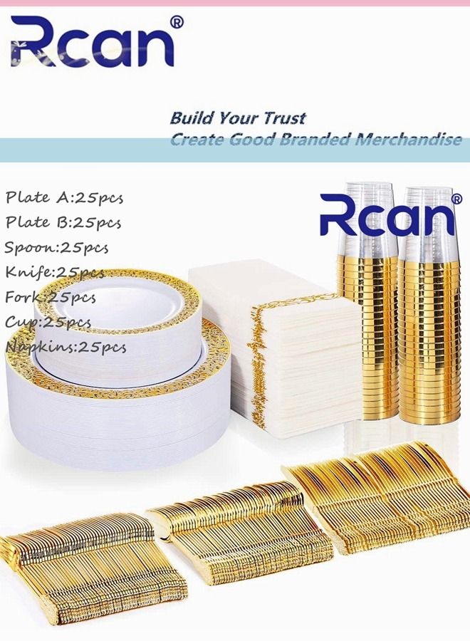 Rcan 175 Pcs/set Gold Upscale Wedding Dining Party Disposable Plastic Hollow-carved Cutlery Set, Party Supplies Plate, Spoon, Fork, Knife, Cup, Tissue, Party Tableware (25 Guest) - Image 1