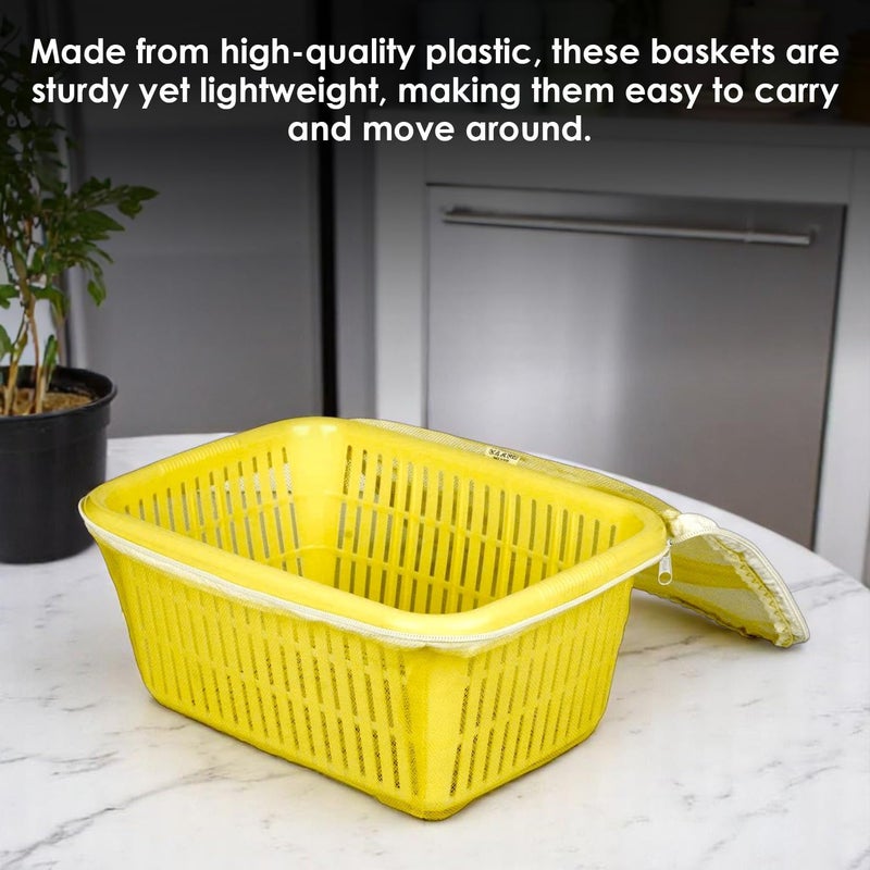 Go Hooked Multipurpose Plastic Storage/Gift Basket With Net Cover | Stylish Basket With Zip Net Cover Pack of 4 Versatile Practical Solutions Convenient Storage Maximize Space (Yellow) - Image 4