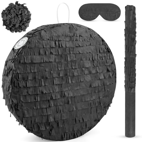 Abilat Black Round Pinata with Stick Blindfold and Confetti DIY Blank Pinata for Adults Kids Birthday Party Supplies Christmas Carnivals Decorations - Image 1