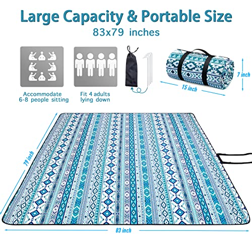 PY SUPER MODE Picnic Blankets Extra Large, Waterproof Foldable Outdoor Beach Blanket Oversized 83x79” Sandproof, 3-Layer Picnic Mat for Camping, Hiking, Travel, Park, Concerts(Teal Boho) - Image 3