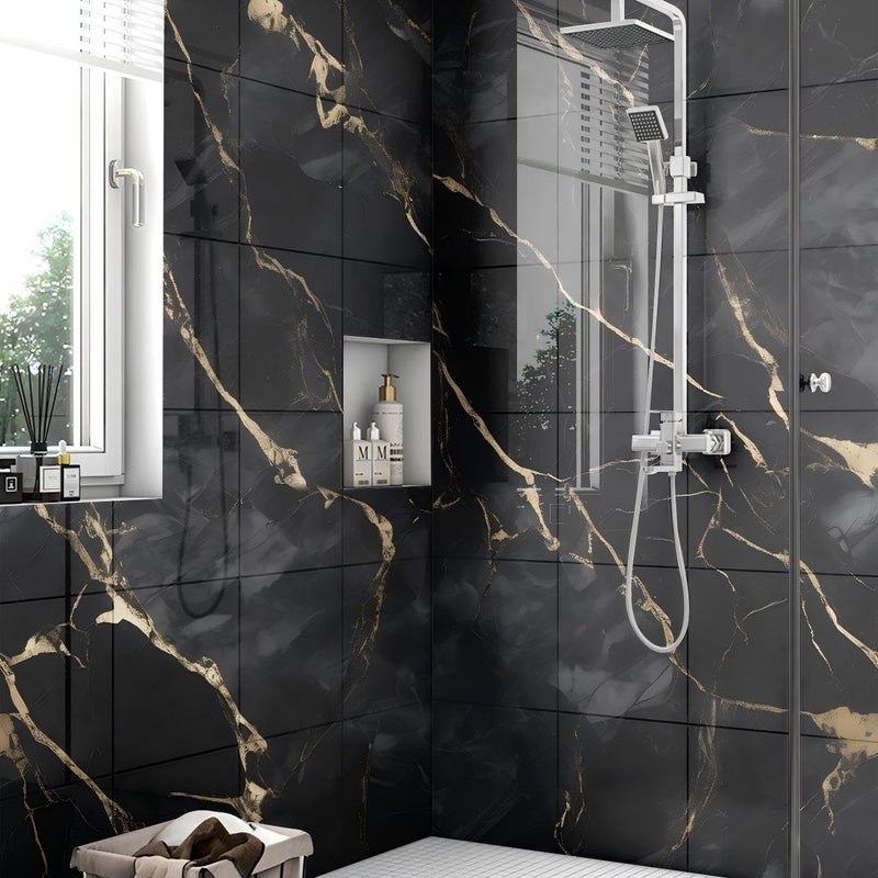 Chejiaye 10pcs Marble Peel and Stick Backsplash Waterproof Washroom Wall Panels, Peel and Stick Tile, PVC Foam Wall Panels for Kitchen,Bathroom,Living Room,Black Gold(Not Real Tile,11.8" x 11.8") - Image 3