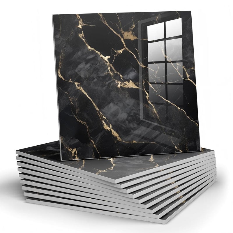 Chejiaye 10pcs Marble Peel and Stick Backsplash Waterproof Washroom Wall Panels, Peel and Stick Tile, PVC Foam Wall Panels for Kitchen,Bathroom,Living Room,Black Gold(Not Real Tile,11.8" x 11.8") - Image 1