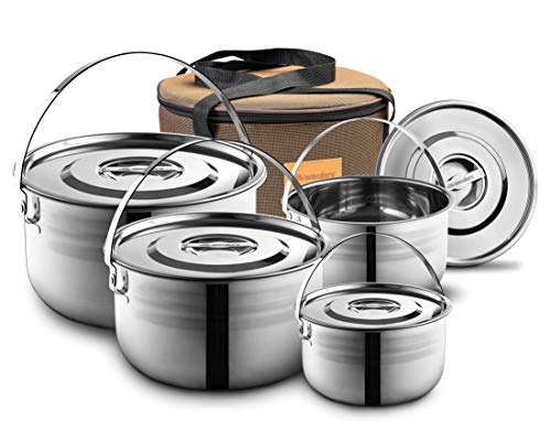 Wealers Camping Cookware Set - Compact Stainless Steel Campfire Cooking Pots and Pans | Combo Kit with Travel Tote Bag | Rugged Outdoor 4 Pc Cook Set for Hiking | Barbecues | Beach | Hiking Gear - Image 1