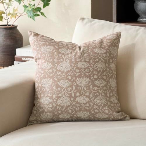 DOMVITUS Floral Pillow Covers 24x24 Decorative Throw Pillow Covers Floral Block Print Farmhouse Vintage Neutral Pillow Cover for Living Room Couch Bed Light Camel 1PC - Image 1