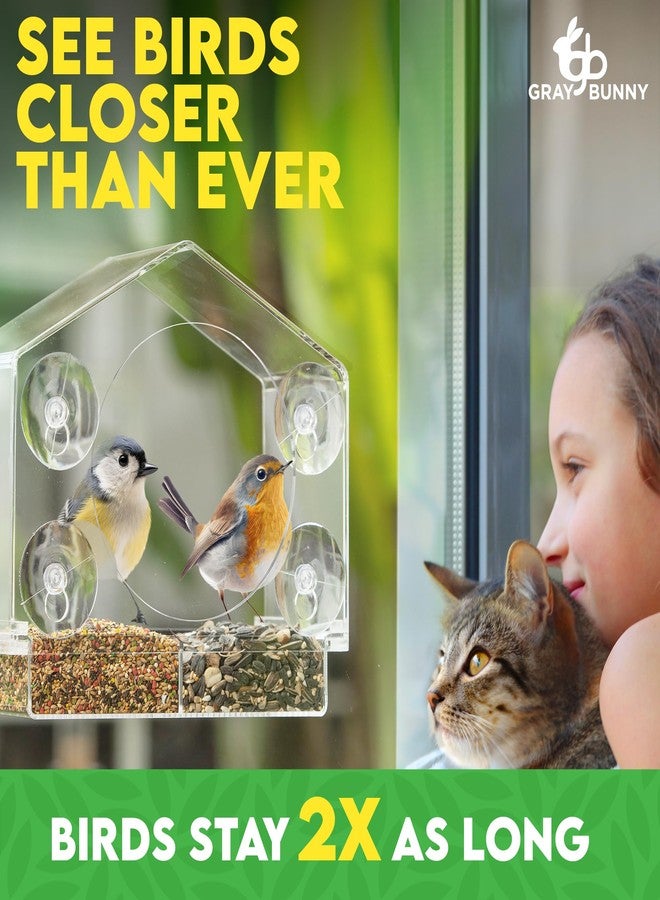 Gray Bunny GB-6902 Deluxe Clear Window Bird Feeder, Large Wild Birdfeeder with Drain Holes, Removable Tray, Super Strong Suction Cups, Transparent Viewing, Covered, High Seed Capacity, Rubber Perch - Image 4