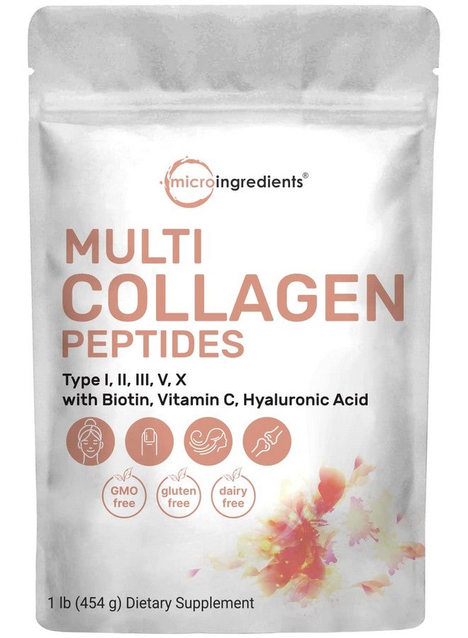 Micro Ingredients Multi Collagen Peptides Powder 1 Pound (16 Ounce) Type Iiiiiivx With Biotin 10000Mcg Hyaluronic Acid Vitamin C Unflavored Keto & Paleo Friendly Easy Dissolve Nongmo Gluten Free  - Image 1