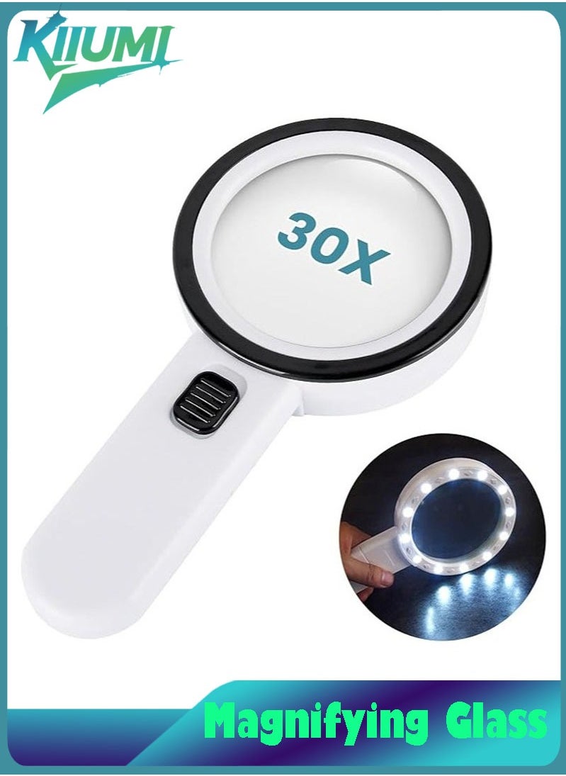 KIIUMI Magnifying Glass with Light, 30X Handheld Large Magnifying Glass 12 LED Illuminated Lighted Magnifier for Macular Degeneration, Seniors Reading, Soldering, Inspection, Coins, Jewellery, Exploring  - Image 1
