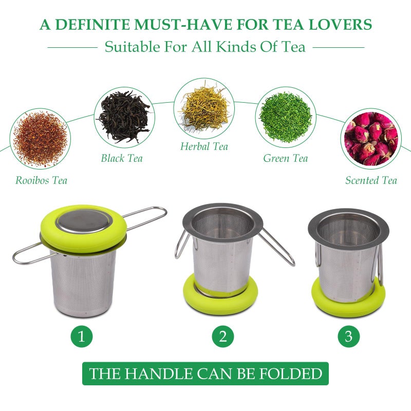 Fenshine Tea Infuser Stainless Steel Tea Strainer Folding Handle Tea Filter Extra Fine Mesh Strainer Brewing Basket with Lid for Loose Leaf Tea (Green) - Image 5