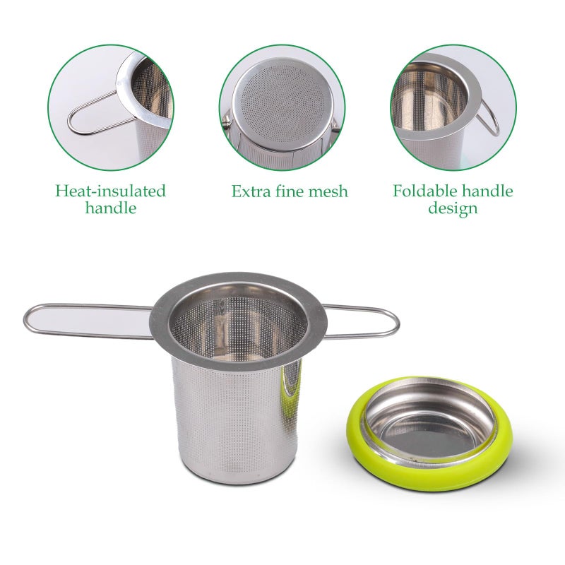 Fenshine Tea Infuser Stainless Steel Tea Strainer Folding Handle Tea Filter Extra Fine Mesh Strainer Brewing Basket with Lid for Loose Leaf Tea (Green) - Image 3