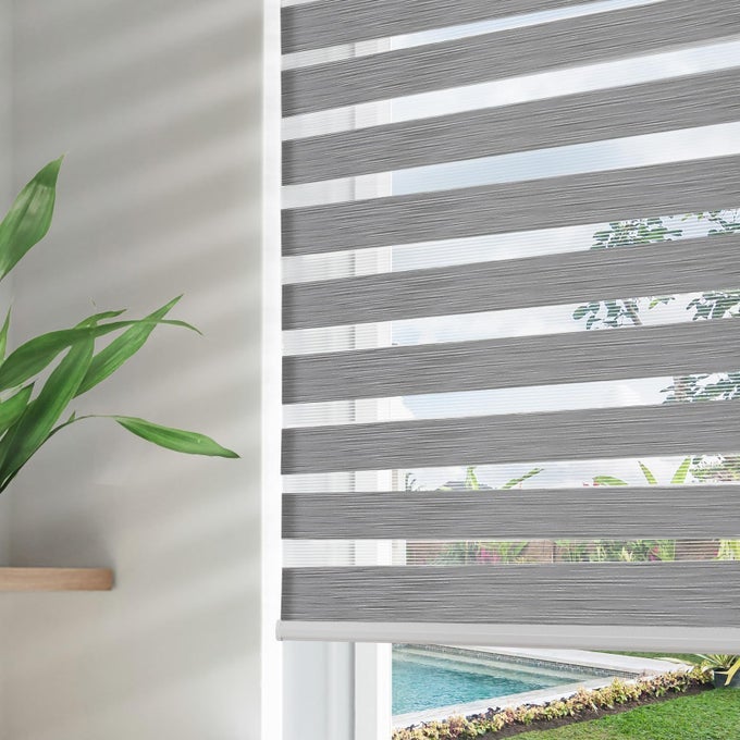 CORDLESS ZEBRA BLINDS FOR WINDOWS DUAL LAYER FREESTOP ZEBRA SHADES PRIVACY LIGHT CONTROL FOR DAY AND NIGHT LIGHT FILTERING SHEER BLINDS FOR INDOOR WINDOWS 22 W X 75 HGREY