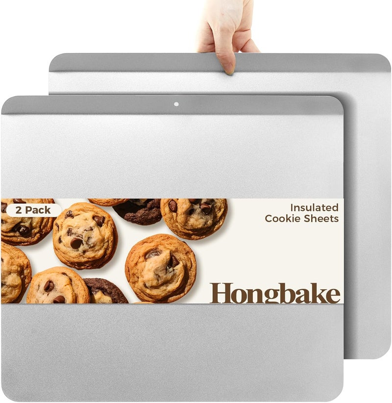 HONGBAKE 2 Pieces Large Flat Cookie Sheet No Edges, Nonstick Insulated Baking Pan, Commercial Oven Trays for Cooking, 16" X 14", Grey - Image 1