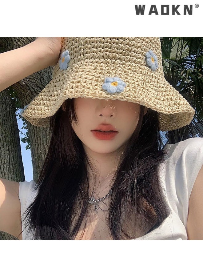 WAOKN Crochet Bucket Hat Straw Sun Hat Beach Hat Fashion Foldable Packable Fishing Hat for Spring Summer Fall for Women/Girls,Sunscreen Fisherman's Hat,Holiday trip hollow woven hat,56-58cm,beige. - Image 5