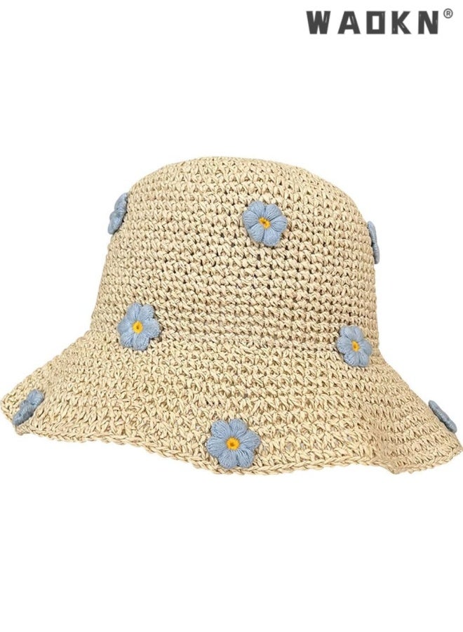 WAOKN Crochet Bucket Hat Straw Sun Hat Beach Hat Fashion Foldable Packable Fishing Hat for Spring Summer Fall for Women/Girls,Sunscreen Fisherman's Hat,Holiday trip hollow woven hat,56-58cm,beige. - Image 1
