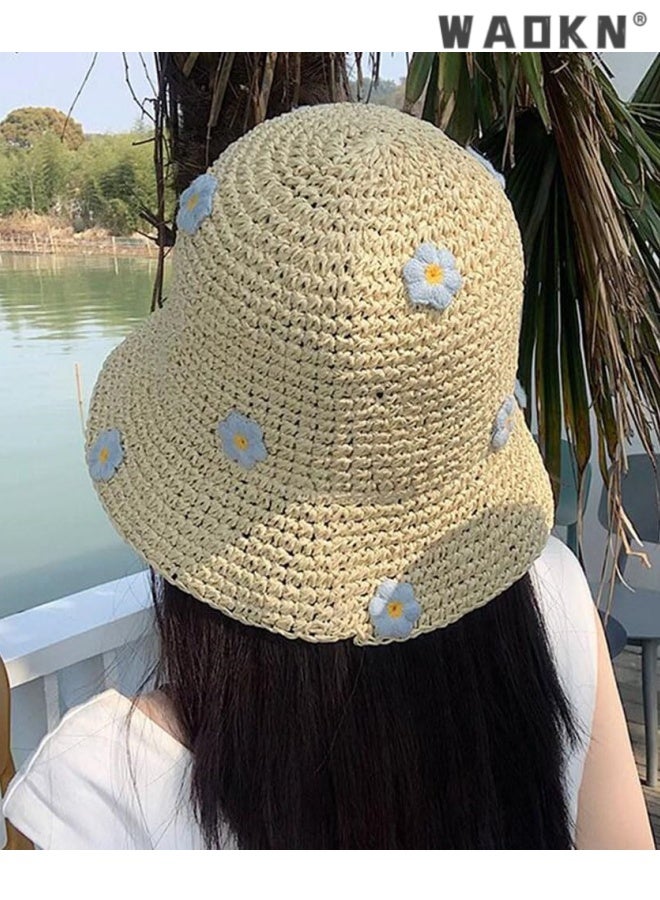 WAOKN Crochet Bucket Hat Straw Sun Hat Beach Hat Fashion Foldable Packable Fishing Hat for Spring Summer Fall for Women/Girls,Sunscreen Fisherman's Hat,Holiday trip hollow woven hat,56-58cm,beige. - Image 4