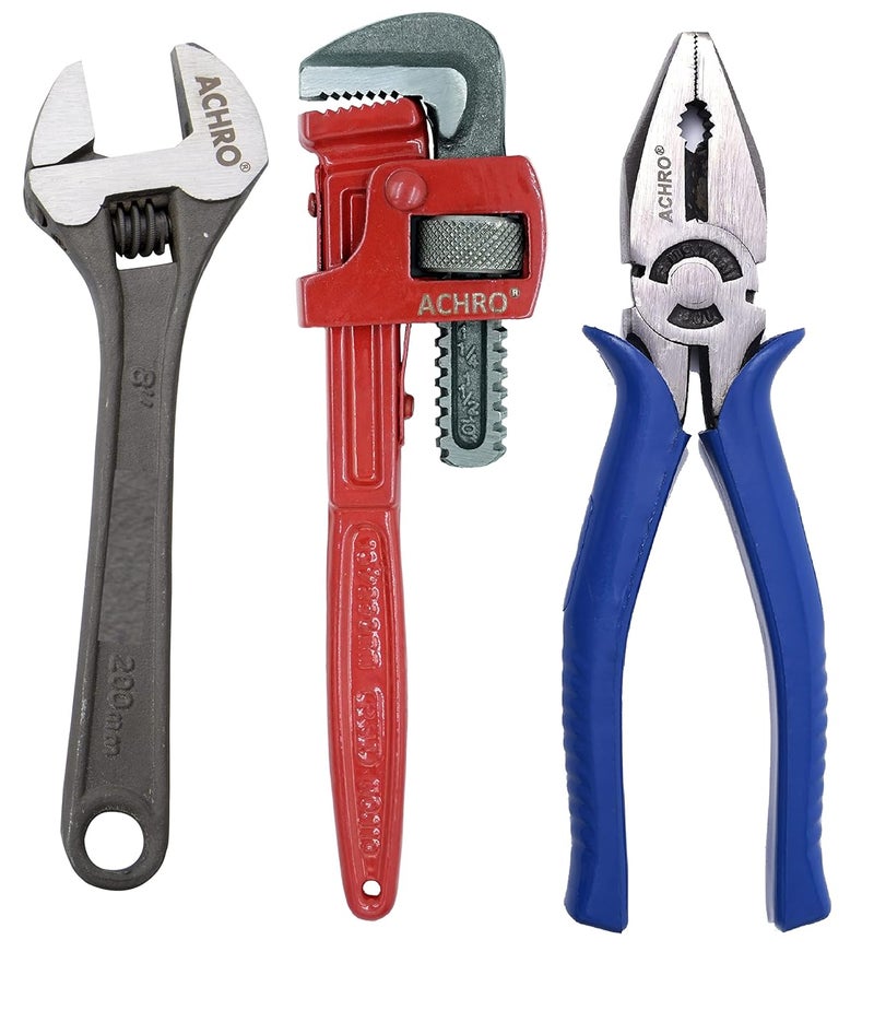 ACHRO Combo Pack of 3 Tool Kits Set for Home Contains 8 Inch Adjustable Spanner 8 Inch Combination Plier 10 Inch Pipe Wrench - Image 1