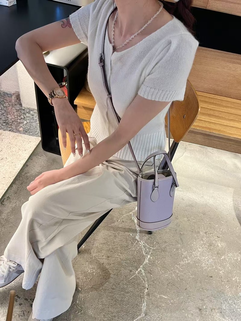 Underarm Fashion Contrasting Color Cowhide Bag For Women Korean Ins Trend Bucket Bag Simple And Versatile Shoulder Bag - Image 4
