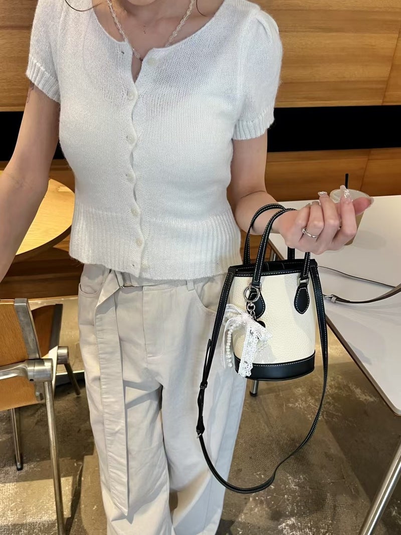 Underarm Fashion Contrasting Color Cowhide Bag For Women Korean Ins Trend Bucket Bag Simple And Versatile Shoulder Bag - Image 3