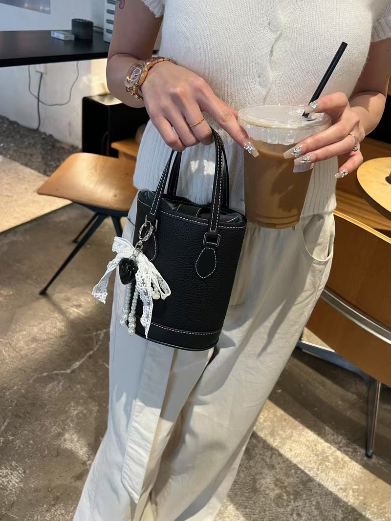 Underarm Fashion Contrasting Color Cowhide Bag For Women Korean Ins Trend Bucket Bag Simple And Versatile Shoulder Bag - Image 2