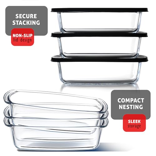 EATEX Glass Bread Pans for Homemade Bread Baking, 1.9 Quart Deep Rectangular Glass Food Storage Containers with Lids, 3 Bread Loaf Pans 3 Airtight Lids Black BPA Free Microwave Oven & Freezer Safe - Image 4