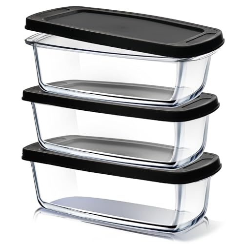 EATEX Glass Bread Pans for Homemade Bread Baking, 1.9 Quart Deep Rectangular Glass Food Storage Containers with Lids, 3 Bread Loaf Pans 3 Airtight Lids Black BPA Free Microwave Oven & Freezer Safe - Image 1